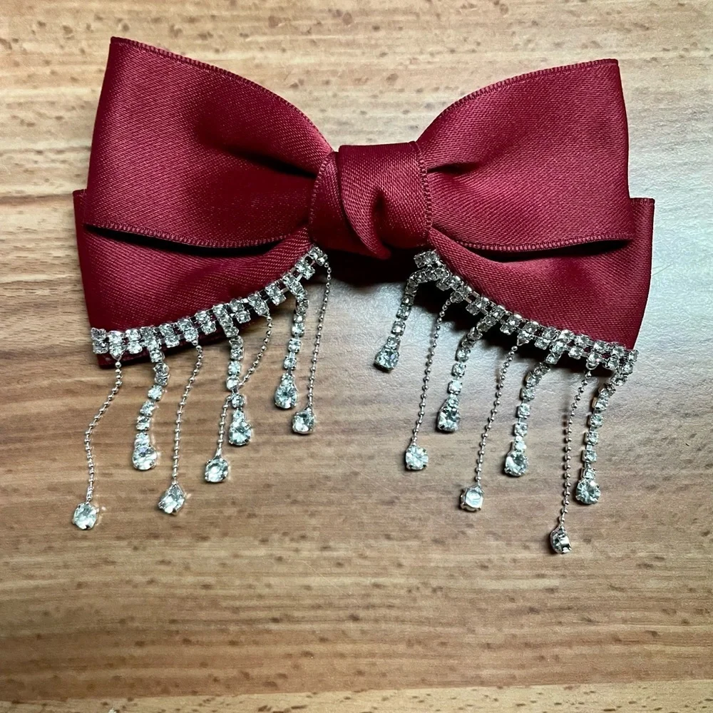 Big Satin Bow Rhinestones French Barrette Hair Clip